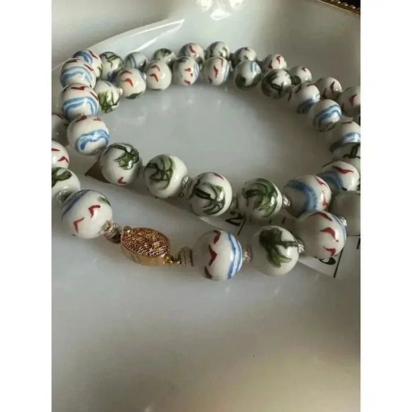 Vintage | Rare | Chinese porcelain hand painted necklace | palm trees & birds - Picture 4 of 15